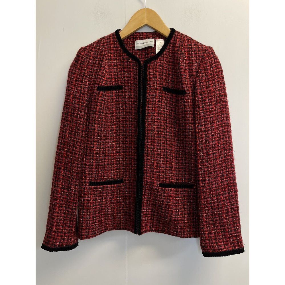 Alfred Dunner Women's 6P Tweed Red & Black Long Sleeve Velvet Trim Jacket Blazer